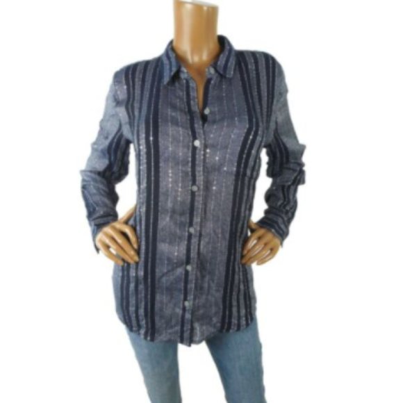 Style & Co. Tops - STYLE & CO Top L Navy Blue Striped Button Down Blouse Sequin Detail Party Shirt